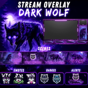 Puede incluir: Un conjunto de superposiciones de transmisión con temática de lobo oscuro en tonos morados y negros. Incluye un marco para la pantalla principal, paneles de escenas, emoticonos personalizados, insignias y cuadros de alertas.