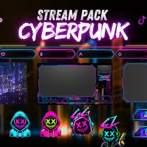 Animated Stream Pack Cyberpunk, stream overlay, webcam overlay, twitch alert, screen overlay, emotes, panels, stream pack, Cheers, Neon City