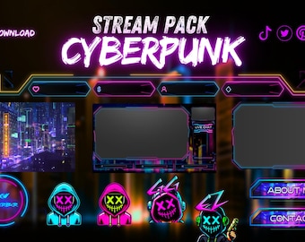 Animated Stream Pack Cyberpunk, stream overlay, webcam overlay, twitch alert, screen overlay, emotes, panels, stream pack, Cheers, Neon City