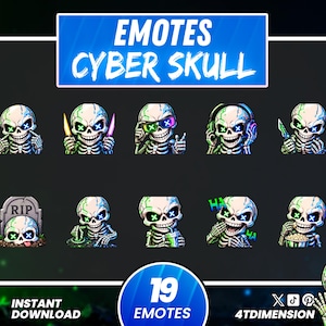 May include: A digital collection of 19 Cyber Skull emotes featuring a white skeleton with glowing blue and green circuit patterns, neon X-shaped eyes, and various expressions including holding knives, wearing headphones, and eating popcorn.