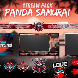 May include: A red and white panda samurai themed Twitch stream pack with a panda wearing a samurai helmet, a red and white background, and the text "STREAM PACK PANDA SAMURAI".