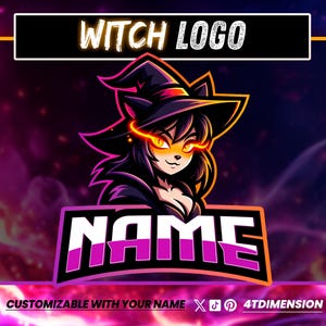 Peut inclure: Graphique numérique avec une sorcière de dessin animé aux yeux orange brillants, portant un chapeau de sorcière noir. Le texte "WITCH LOGO" est en haut, et "NAME" est dans une boîte violette et blanche en dessous. Le texte du bas indique "PERSONNALISABLE AVEC VOTRE NOM".