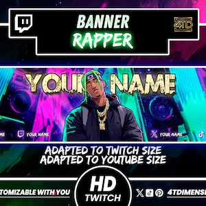 Peut inclure: Bannière numérique pour un rappeur, avec une illustration stylisée d'une personne aux cheveux verts et aux bijoux en or. La bannière comprend le texte "YOUR NAME" et "BANNER RAPPER" avec des icônes de médias sociaux et le texte "ADAPTÉ À LA TAILLE TWITCH" et "ADAPTÉ À LA TAILLE YOUTUBE".