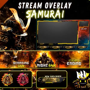 Animated Samurai Stream Overlay Pack for Twitch, OBS and Streamlabs with Alerts, Panels and Emotes (Digital Download)