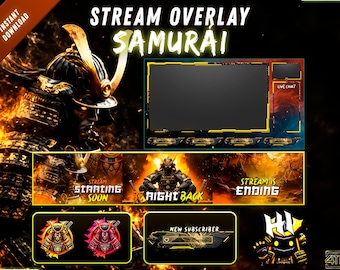 Pack de Overlay Stream Samurái Animado para Twitch, OBS y Streamlabs con Alertas, Paneles y Emotes (Descarga Digital)