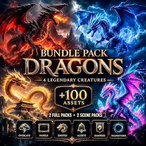 Puede incluir: Imagen digital con cuatro dragones en tonos rojo, azul eléctrico, dorado y morado. Incluye el texto "BUNDLE PACK DRAGONS" y "+100 ASSETS", además de iconos para overlays, paneles, emotes, alertas, banners y transiciones.