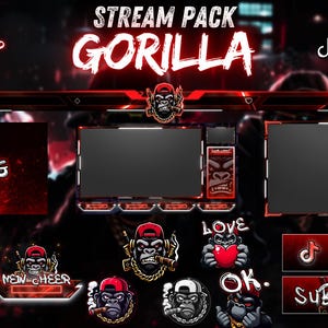 Pacote de animação para transmissões ao vivo com gorila, sobreposição para transmissão, sobreposição para webcam, alerta do Twitch, sobreposição de tela, emote do Twitch, painéis do Twitch, pacote para transmissões ao vivo.