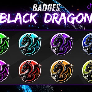 May include: Digital graphic with eight circular dragon badges in different colours. Text reads "BADGES BLACK DRAGON". The image includes social media icons and the words "INSTANT DOWNLOAD". The background is a dark, space-themed design.
