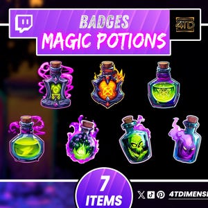 Puede incluir: Ilustración digital de siete insignias de pociones mágicas únicas. Cada botella de poción tiene un diseño y una combinación de colores diferentes, incluyendo verde, morado y naranja. El texto "BADGES MAGIC POTIONS" se muestra en la parte superior. La imagen también incluye el texto "7 ITEMS".