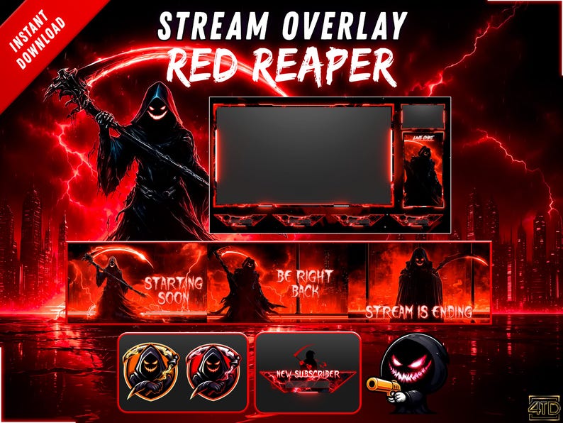 May include: A digital stream overlay package titled Red Reaper featuring a hooded figure with a glowing grin and scythe. The set includes a main frame, three status screens with text, two circular icons, a subscriber alert, and a small character.