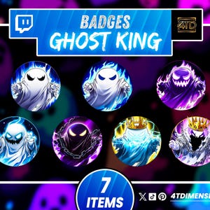 Könnte beinhalten: Sieben runde Abzeichen mit Geistermotiven in Blau, Lila und Weiß. Der Text "BADGES GHOST KING" ist oben zu sehen. Das Bild enthält auch "7 ITEMS" und Social-Media-Symbole.