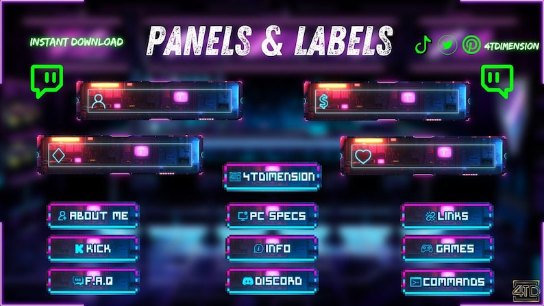 May include: Digital panels and labels for streaming, featuring a neon color scheme of pink, blue, and orange. The design includes icons and text such as "About Me," "PC Specs," and "Links." The words "PANELS & LABELS" are prominently displayed.