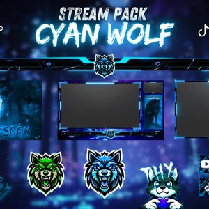 Animated Stream pack Cyan Wolf, stream overlay, webcam overlay, twitch alerts, screen overlay, twitch emote, twitch panels, stream pack.