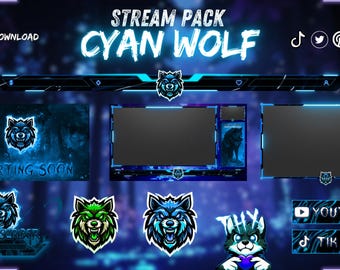 Animated Stream pack Cyan Wolf, stream overlay, webcam overlay, twitch alerts, screen overlay, twitch emote, twitch panels, stream pack.