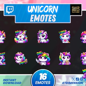 May include: A collection of 16 unicorn emotes with various expressions, including "Cry," "Happy," and "Love." The emotes feature colorful manes and tails, with text overlays like "Go!" and "Wow!" The image includes the text "Unicorn Emotes" and "Instant Download."