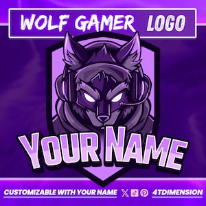 May include: Purple wolf gamer logo with headphones, a purple shield, and the text "YOUR NAME" in white. The text "CUSTOMIZABLE WITH YOUR NAME X 4TDIMENSION" is at the bottom.