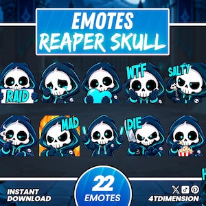Puede incluir: Una colección digital de 22 emoticonos de Reaper Skull que muestran un esqueleto de dibujos animados con una capa con capucha azul oscuro. Los emoticonos muestran varias expresiones y acciones con textos como RAID, WTF, SALTY, MAD, DIE y HI.