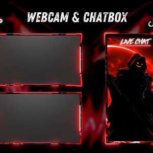 May include: A digital streaming overlay featuring two rectangular webcam frames and one vertical chat box frame with red glowing borders. The chat box displays the text LIVE CHAT and a hooded figure graphic. The top text reads WEBCAM & CHATBOX.