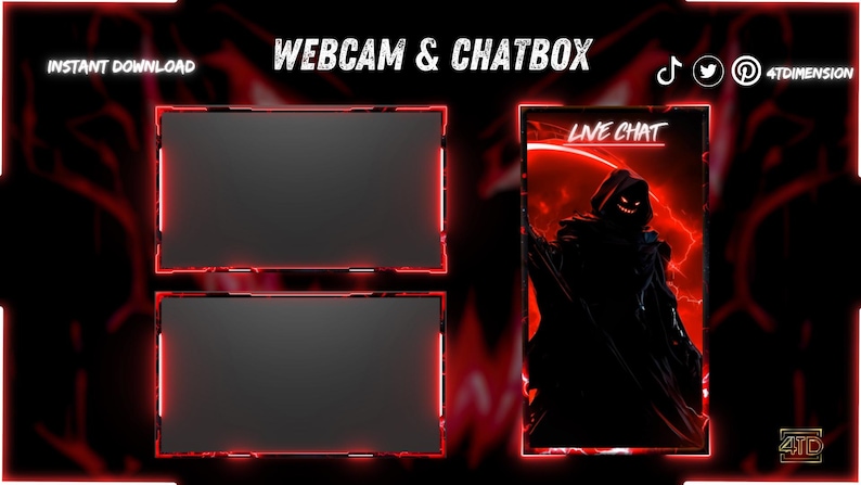 May include: A digital streaming overlay featuring two rectangular webcam frames and one vertical chat box frame with red glowing borders. The chat box displays the text LIVE CHAT and a hooded figure graphic. The top text reads WEBCAM & CHATBOX.