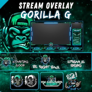 Green Gorilla Stream Pack, geanimeerde overlay voor Twitch, Kick en YouTube, statische meldingen en emotes.
