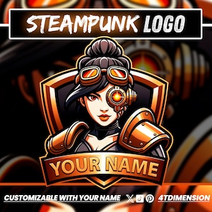 Puede incluir: Diseño de logotipo steampunk con una mujer con gafas y un ojo mecánico, sobre un escudo. El logotipo incluye el texto "STEAMPUNK LOGO" en la parte superior y "YOUR NAME" en la parte inferior, con un diseño personalizable.