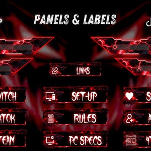 May include: A digital graphic set featuring red and black lightning-themed panels and labels for streaming. The text includes PANELS & LABELS, INSTANT DOWNLOAD, TWITCH, TIKTOK, STEAM, SET-UP, RULES, PC SPECS, SUBSCRIBE, ABOUT ME, and 4TDIMENSION.