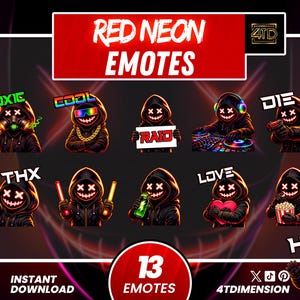 Emotes de Twitch Animados y Estáticos Red Neon: Pack de 13 Emotes Dark Gamer con Capucha para Chat (Descarga Digital)
