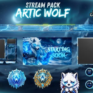Puede incluir: Un paquete de transmisión digital llamado "Artic Wolf" con un tema azul y blanco. El paquete incluye elementos de superposición, como un banner, marcos de pantalla y insignias de suscriptor, todos con imágenes de lobos. El texto incluye "Descarga instantánea" y "Comienza pronto".