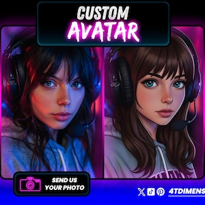Puede incluir: Imagen que presenta dos retratos de mujeres con auriculares, con el texto "CUSTOM AVATAR" en la parte superior. La parte inferior de la imagen tiene el texto "SEND US YOUR PHOTO" y un icono de cámara. El fondo es un degradado de morado y azul.