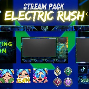 Pack de flux animé Electric Rush, superposition de flux, superposition de webcam, alertes Twitch, superposition d&#39;écran, superpositions Twitch, panneaux, pack de flux.
