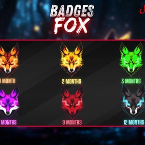 Puede incluir: Seis insignias con cabezas de zorro en diferentes colores, que representan diferentes niveles de suscripción. Las insignias son naranja, amarilla, verde, morada, roja y gris. El texto debajo de cada insignia indica la duración de la suscripción: 1 mes, 2 meses, 3 meses, 6 meses, 9 meses y 12 meses.