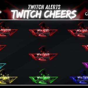 May include: A digital graphic set for Twitch alerts featuring eleven triangular frames with glowing, smoke-like patterns in red, blue, purple, green, yellow, and cyan. Each frame contains text labels including New Donator, New Host, New Raid, New Follower, New Subscriber, and New Cheer.