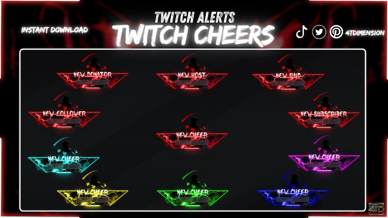 May include: A digital graphic set for Twitch alerts featuring eleven triangular frames with glowing, smoke-like patterns in red, blue, purple, green, yellow, and cyan. Each frame contains text labels including New Donator, New Host, New Raid, New Follower, New Subscriber, and New Cheer.