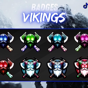 Puede incluir: Conjunto de ocho insignias de Twitch con diseños de temática vikinga. Las insignias son de varios colores, incluyendo azul, verde, rojo y morado. Las insignias presentan un casco vikingo con hachas cruzadas.