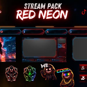 Pode incluir: Um pacote de stream digital com um tema neon vermelho e azul. O pacote inclui vários elementos de sobreposição, como uma tela "Starting Soon", painéis e ícones de mídia social. O texto "STREAM PACK RED NEON" é exibido de forma proeminente.