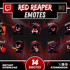 May include: Digital graphic with "Red Reaper Emotes" text above cartoon grim reapers. Each reaper has red eyes and is in different poses, with words like "Next," "Love," and "Happy." The image also says "Instant Download" and "14 Emotes."