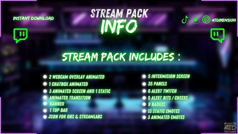 May include: A digital graphic for a stream pack, featuring neon green and purple hues. The text "STREAM PACK INFO" is prominent, with a list of included items such as animated overlays, screens, and emotes. The design includes social media icons.