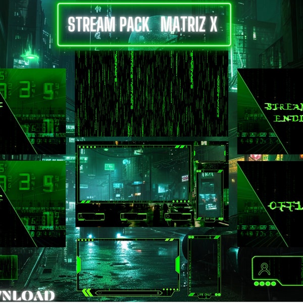 Stream Pack Matrix X, Overlay, Twitch Panels, Animated, Chatbox, Animated Screens, Overlays, Alerts, Twitch, OBS, Neon.