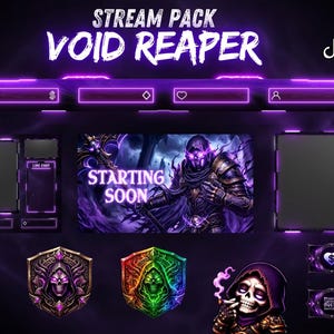 May include: A digital stream pack with a dark purple and black theme, featuring the text "VOID REAPER" and various overlay elements. Includes a "Starting Soon" screen, subscriber badges, and donation buttons. The design has a futuristic, gaming aesthetic.