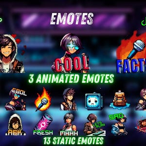 May include: Digital art featuring animated and static emotes for online use. The image displays various character designs with text like "COOL" and "FACTS". Includes the text "3 ANIMATED EMOTES" and "13 STATIC EMOTES".