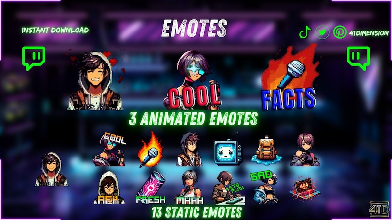 May include: Digital art featuring animated and static emotes for online use. The image displays various character designs with text like "COOL" and "FACTS". Includes the text "3 ANIMATED EMOTES" and "13 STATIC EMOTES".