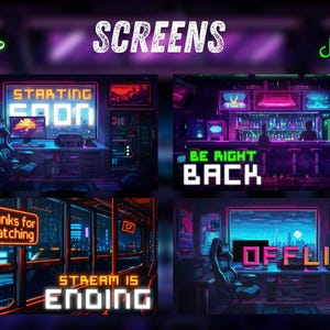 May include: Digital screens with neon-style graphics for streaming. The screens display messages like "Starting Soon," "Be Right Back," and "Offline." The overall design features a cyberpunk aesthetic with vibrant colors and a futuristic vibe.