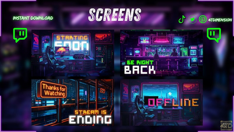 May include: Digital screens with neon-style graphics for streaming. The screens display messages like "Starting Soon," "Be Right Back," and "Offline." The overall design features a cyberpunk aesthetic with vibrant colors and a futuristic vibe.