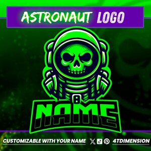 Puede incluir: Logotipo de astronauta verde neón con una calavera dentro del casco. El texto "ASTRONAUT LOGO" está en la parte superior y "NAME" en la inferior. El diseño es personalizable con tu nombre.
