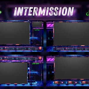 May include: Digital overlay design for streaming, featuring a futuristic aesthetic with a dark background and neon accents. The word "INTERMISSION" is prominently displayed. Includes Twitch chat icons and social media logos.