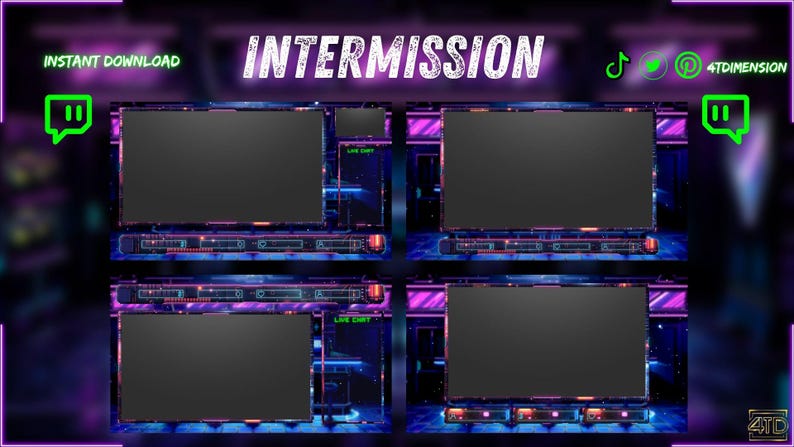 May include: Digital overlay design for streaming, featuring a futuristic aesthetic with a dark background and neon accents. The word "INTERMISSION" is prominently displayed. Includes Twitch chat icons and social media logos.