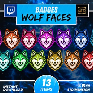 Puede incluir: Una colección de 13 insignias de caras de lobo coloridas. Cada insignia presenta una cabeza de lobo estilizada con una expresión sonriente, delineada en negro. Las insignias son de varios colores, incluyendo verde, naranja, rosa, morado, azul y marrón. El texto dice "BADGES WOLF FACES".