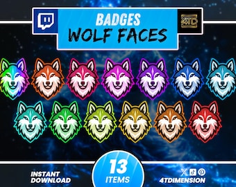 Wolf Face Badge Icons for Twitch, Discord, YouTube, Kick, Gamers and Streamers, 13 Color Variants, Loyalty Rank PNG Set, Digital Download.
