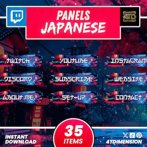 May include: A set of 35 Japanese-style Twitch panels with a neon blue and pink color scheme. The panels include titles for Twitch, YouTube, Instagram, Discord, Subscribe, Website, About Me, Set-Up, and Contact. The panels feature a futuristic, cyberpunk aesthetic with a Japanese text overlay.
