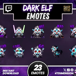 Puede incluir: Un gráfico de arte digital con emotes de Elfo Oscuro que expresan diversas emociones. Los emotes incluyen texto como "LOVE", "HI!", "MAD", "HA HA", "SAD", "COOL" y "GG". La imagen también incluye el texto "DARK ELF EMOTES", "INSTANT DOWNLOAD" y "23 EMOTES".